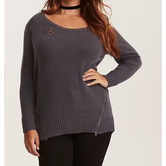 Torrid Womens Sweater Grey 3XL Knit Distressed Zip Sides Plus Size Boat Neck - Picture 1 of 8